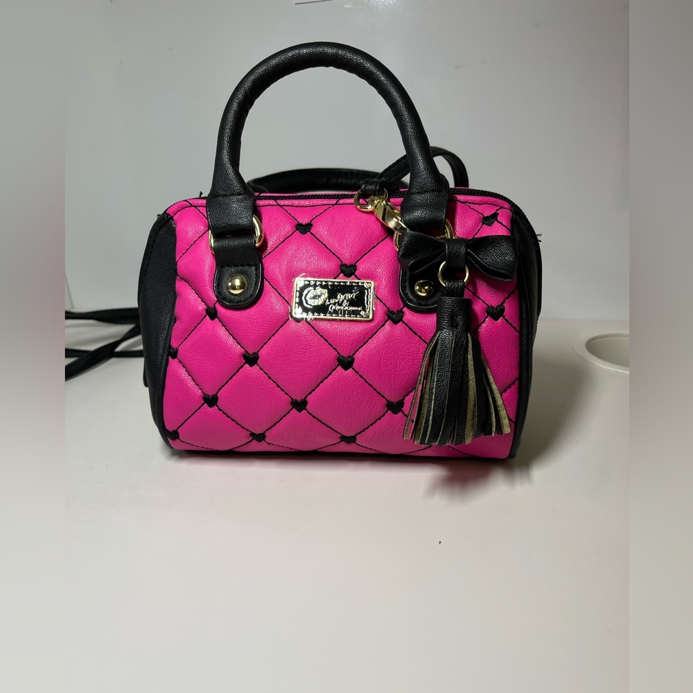 Betsey Johnson Mini Barrel Quilted Hearts Handbag Black Fuchsia Pink